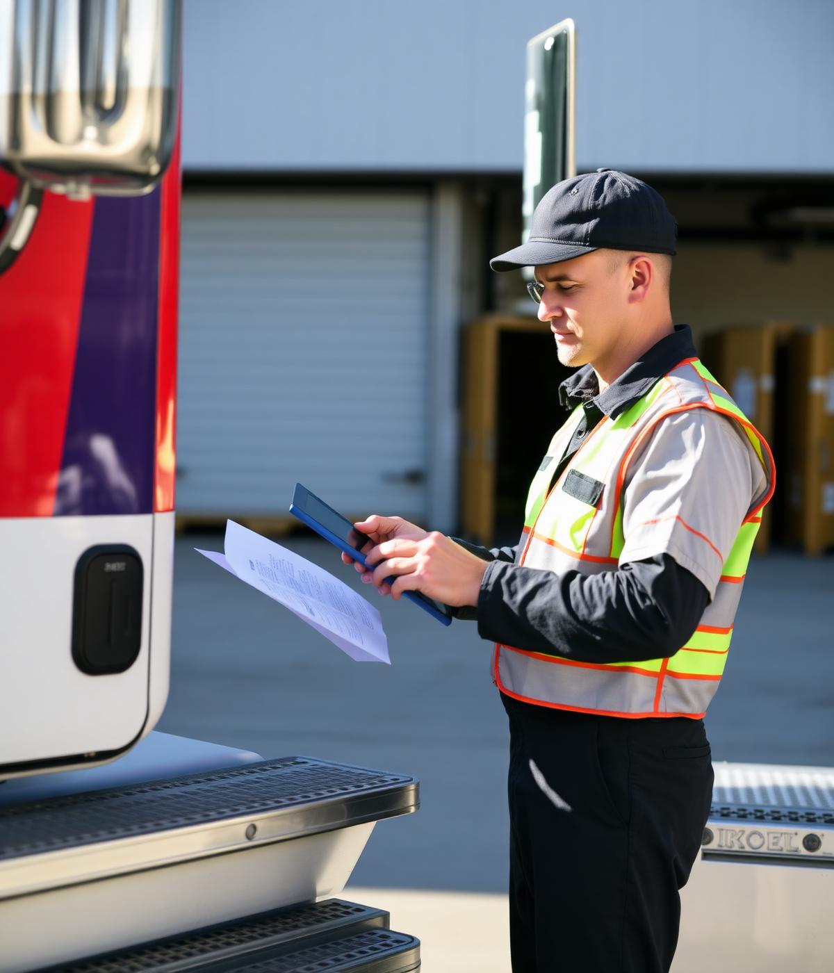 Professional American truck driver completing a pre-trip inspection at a freight dock