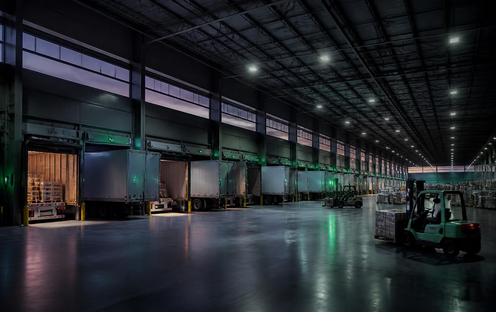 American freight distribution warehouse with trailers at the loading docks